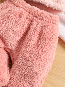 Bebé Conjunto de pijama de dos tonos de manga raglán con diseño de orejas 3D con capucha de pie - Rosa - Ver 5