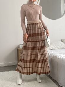 SHEIN LUNE Plaid Pattern High Waist Knit Skirt - Multicolor - View 3