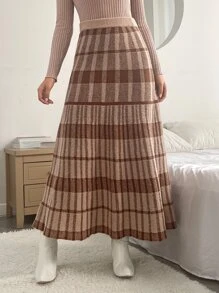 SHEIN LUNE Plaid Pattern High Waist Knit Skirt - Multicolor - View 5