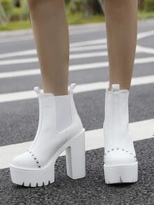 Studded Decor Platform Chunky Heeled Chelsea Boots - White - View 5