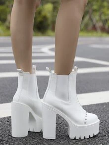 Studded Decor Platform Chunky Heeled Chelsea Boots - White - View 4