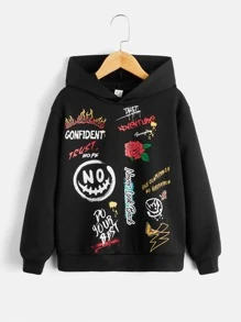 SHEIN 男孩標語和卡通圖案連帽衫