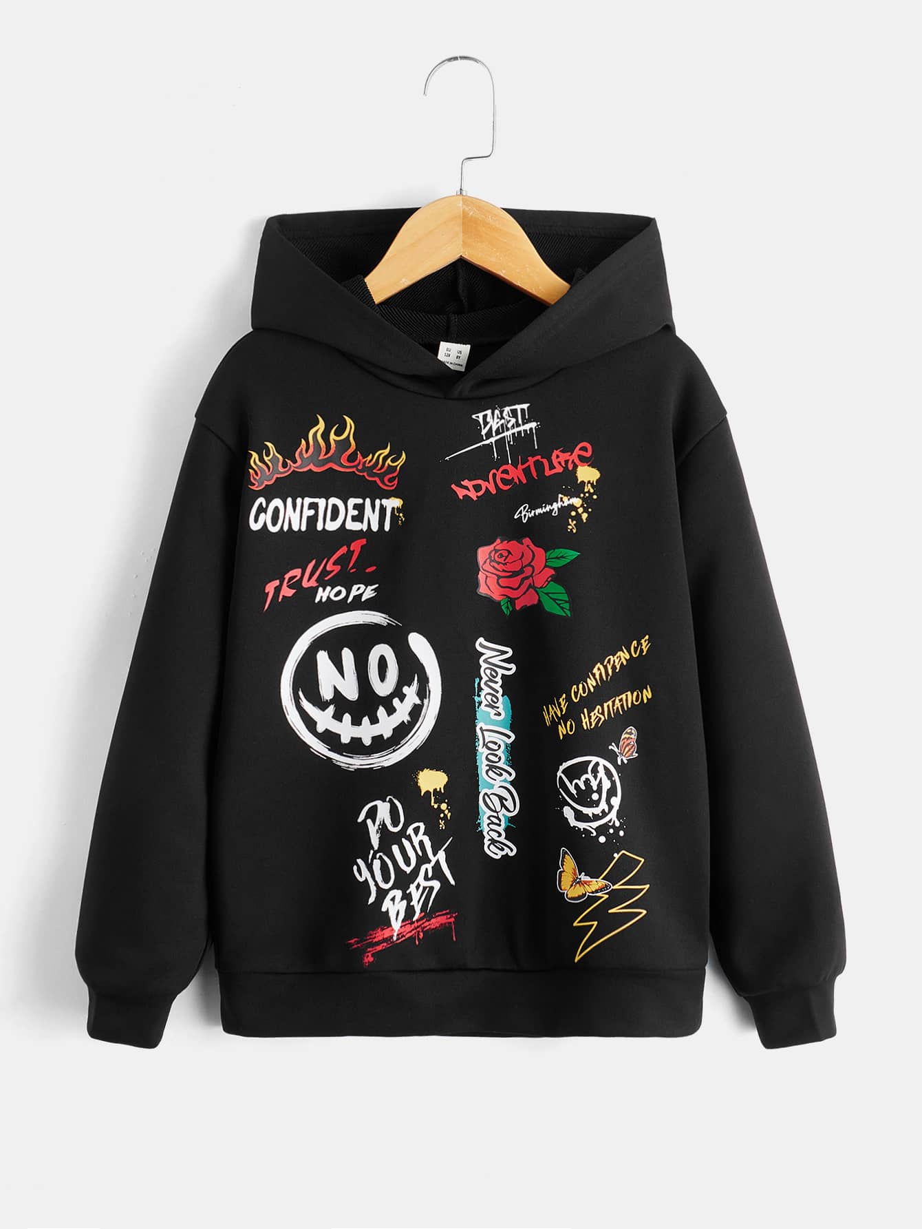 SHEIN 男孩標語和卡通圖案連帽衫