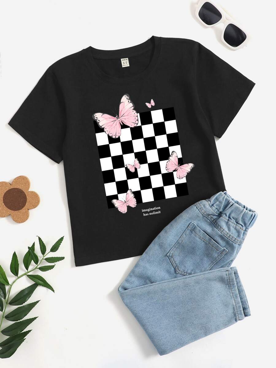 Girls Checkerboard And Butterfly Print Tee Without Jeans - Black - View 1