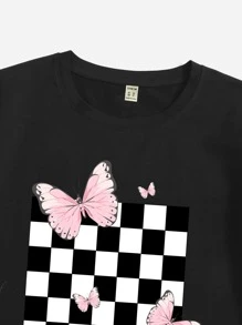 Girls Checkerboard And Butterfly Print Tee Without Jeans - Black - View 3