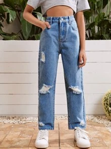 SHEIN Jeans casuales rectos y desgastados para niñas preadolescentes de ajuste holgado, de unicolor, primavera verano - Azul lavado medio - Ver 1