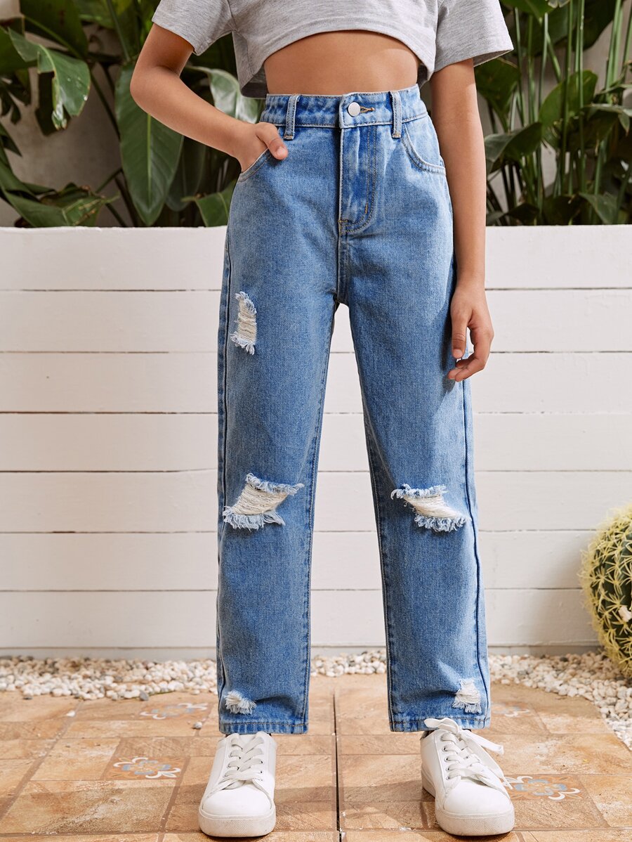 SHEIN Jeans casuales rectos y desgastados para niñas preadolescentes de ajuste holgado, de unicolor, primavera verano - Azul lavado medio - Ver 1