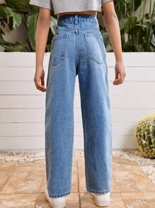 SHEIN Jeans casuales rectos y desgastados para niñas preadolescentes de ajuste holgado, de unicolor, primavera verano - Azul lavado medio - Ver 2