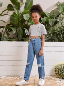 SHEIN Jeans casuales rectos y desgastados para niñas preadolescentes de ajuste holgado, de unicolor, primavera verano - Azul lavado medio - Ver 3