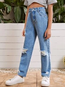 SHEIN Jeans casuales rectos y desgastados para niñas preadolescentes de ajuste holgado, de unicolor, primavera verano - Azul lavado medio - Ver 5