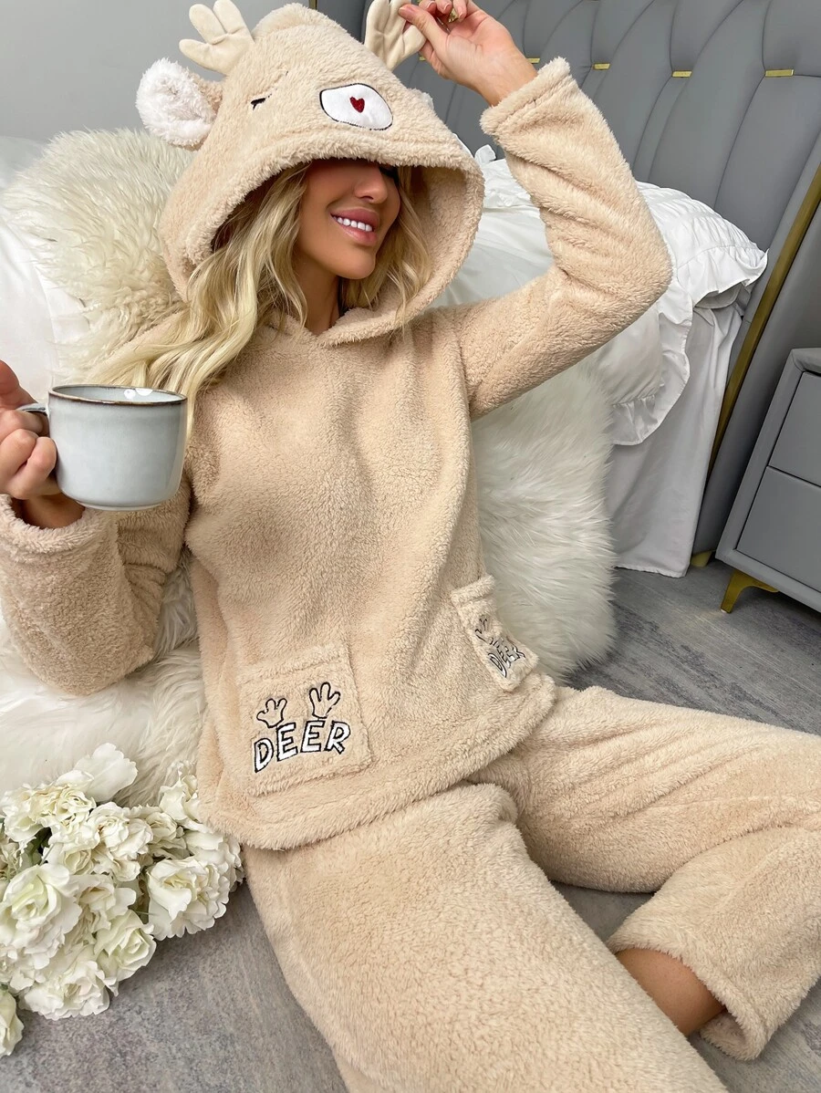Elk & Letter Embroidery 3D Ear Design Hooded Flannel PJ Set - Apricot - View 1