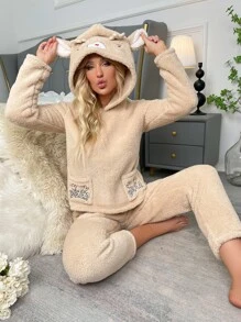 Elk & Letter Embroidery 3D Ear Design Hooded Flannel PJ Set - Apricot - View 4