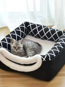 1pc Grey Double Use Space Capsule Pet Bed With Velvet For Cats, Suitable For Small And Medium Sized Cats, All Seasons - Black and White - View 2