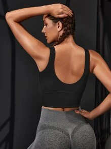 Easithlete Solid Ribbed Knit Sports Bra - Black - View 2