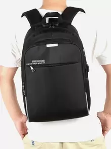 Men Slogan Graphic USB Charging Port Laptop Backpack - Black - View 2