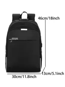 Men Slogan Graphic USB Charging Port Laptop Backpack - Black - View 4