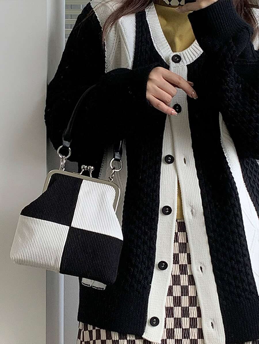 Túi vai Khối Màu Tay cầm Top Đúng mốt - Đen và trắng - Xem 1