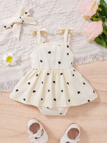 SHEIN Vintaside Kids 嬰兒女孩心形印花內衣連體裙和髮帶套裝 - 杏色 - 查看 2