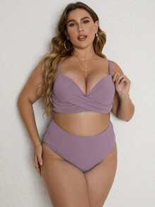 SHEIN Swim Curve 大尺碼交叉包覆推上去比基尼套裝，夏日海灘必備 - 淡紫色 - 查看 3