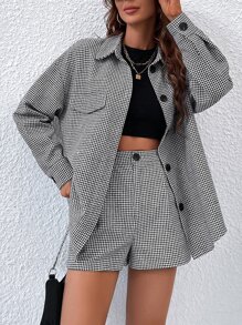 SHEIN Unity Abrigo con estampado de pata de gallo de hombros caídos & Shorts - Blanco y Negro - Ver 4