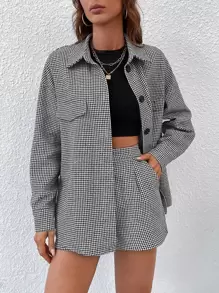 SHEIN Unity Abrigo con estampado de pata de gallo de hombros caídos & Shorts - Blanco y Negro - Ver 1