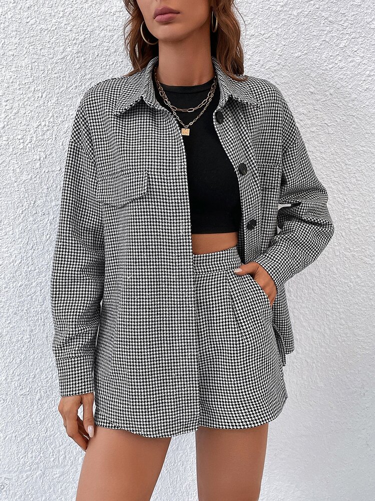 SHEIN Unity 千鳥格印花落肩袖外套和短褲 - 黑與白 - 查看 1
