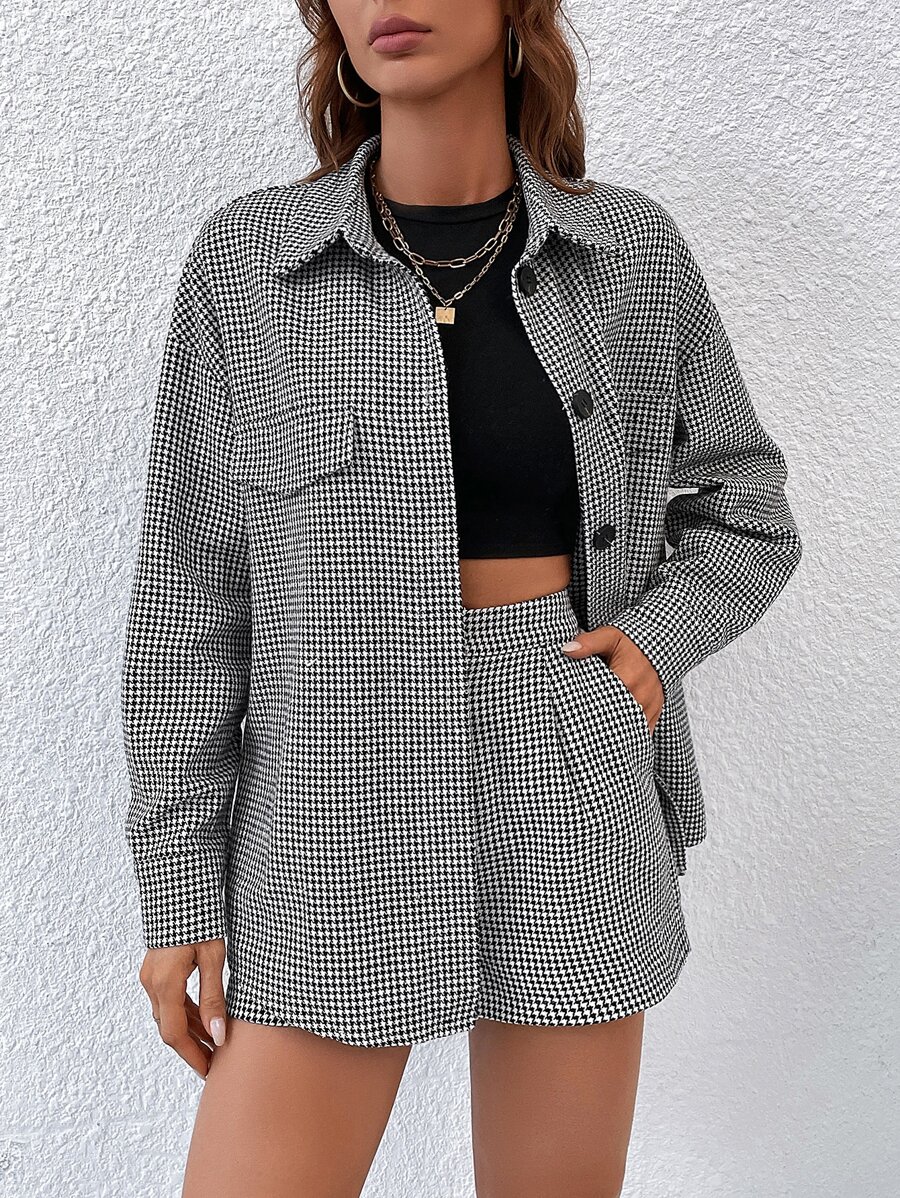 SHEIN Unity Abrigo con estampado de pata de gallo de hombros caídos & Shorts - Blanco y Negro - Ver 1