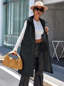 Flap Pocket Zipper Vest Quilted Coat - Black - View 5