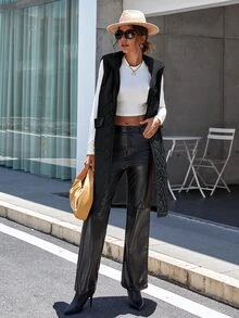 Flap Pocket Zipper Vest Quilted Coat - Black - View 6