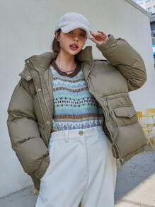 DAZY Drawstring Waist Drop Shoulder Hooded Padded Coat - Army Green - View 9