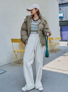 DAZY Drawstring Waist Drop Shoulder Hooded Padded Coat - Army Green - View 10