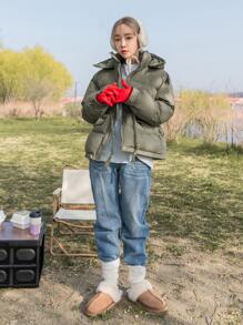 DAZY Drawstring Waist Drop Shoulder Hooded Padded Coat - Army Green - View 12