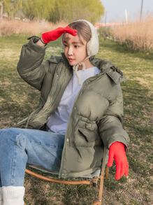 DAZY Drawstring Waist Drop Shoulder Hooded Padded Coat - Army Green - View 13