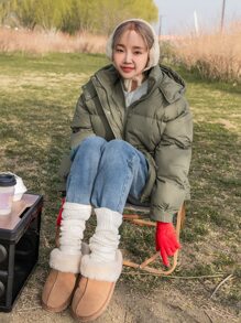 DAZY Drawstring Waist Drop Shoulder Hooded Padded Coat - Army Green - View 14