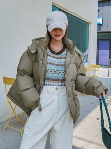 DAZY Drawstring Waist Drop Shoulder Hooded Padded Coat - Army Green - View 15