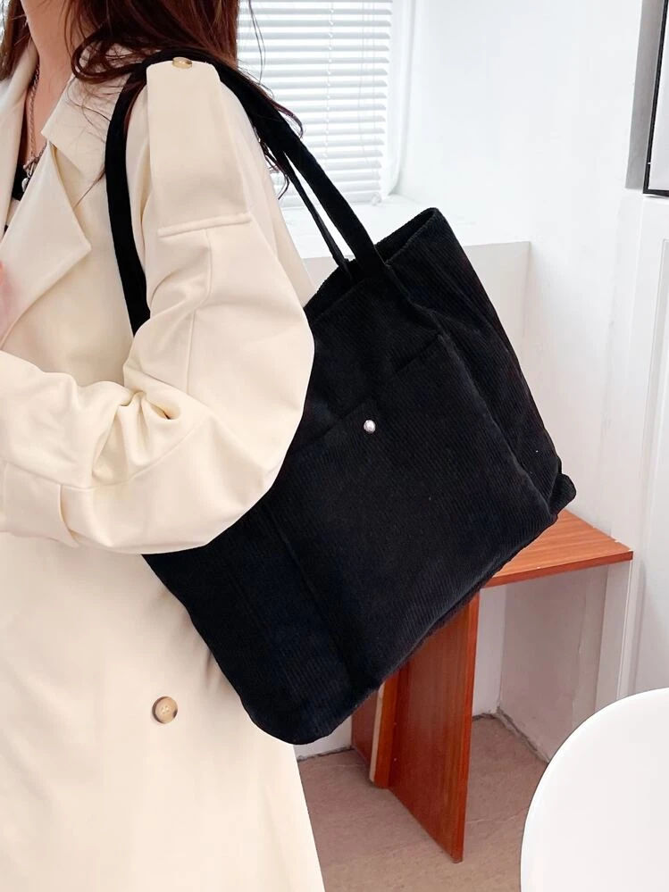 Borsa Tote In Velluto A Coste Donna - Piccola Borsa A Tracolla Con Tasca Interna - Shopping E Viaggi - 3