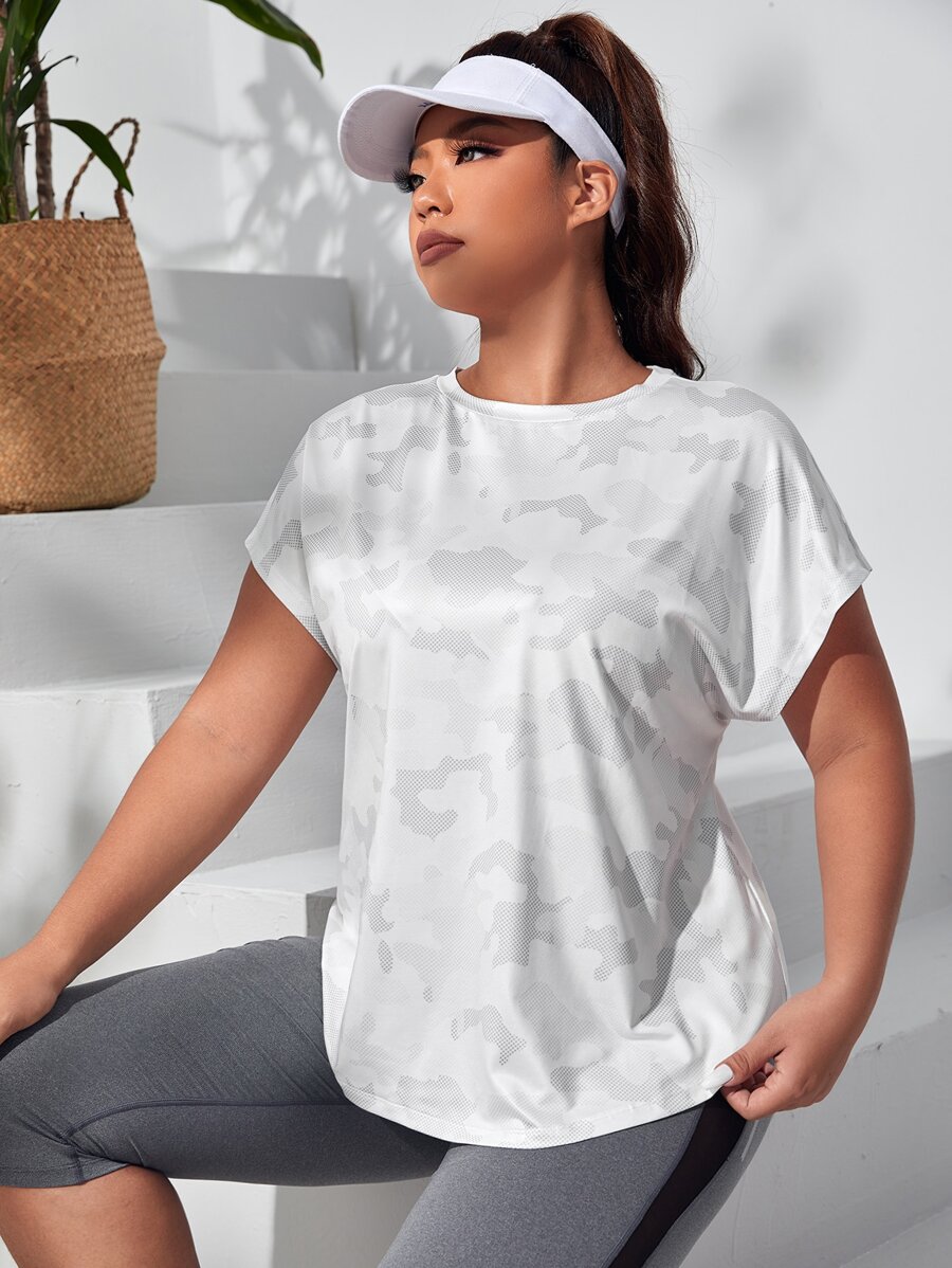SHEIN Sports Plus Camo Print Batwing Sleeve Sports Tee - White - View 1