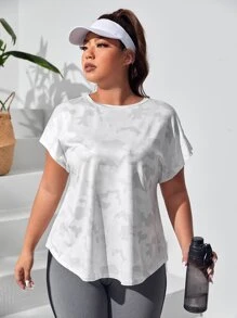 SHEIN Sports Plus Camo Print Batwing Sleeve Sports Tee - White - View 5