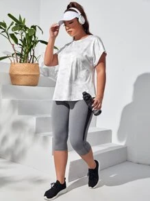 SHEIN Sports Plus Camo Print Batwing Sleeve Sports Tee - White - View 6