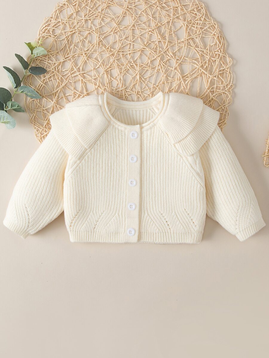Bebé Cárdigan con diseño de ojal ribete con fruncido de manga raglán - Beis - Ver 1