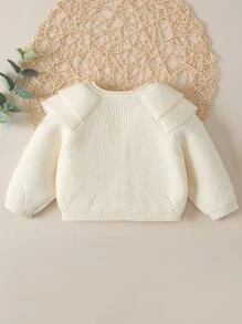 Bebé Cárdigan con diseño de ojal ribete con fruncido de manga raglán - Beis - Ver 2