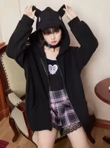 ROMWE Kawaii 3D Ear Zip Up Drop Shoulder Hooded Coat - Black - View 1