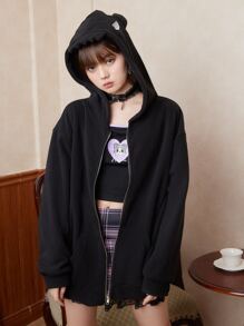 ROMWE Kawaii 3D Ear Zip Up Drop Shoulder Hooded Coat - Black - View 2