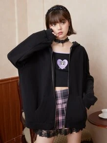 ROMWE Kawaii 3D Ear Zip Up Drop Shoulder Hooded Coat - Black - View 3
