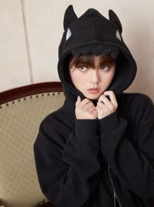 ROMWE Kawaii 3D Ear Zip Up Drop Shoulder Hooded Coat - Black - View 4