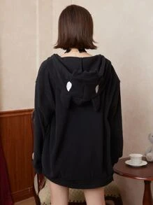 ROMWE Kawaii 3D Ear Zip Up Drop Shoulder Hooded Coat - Black - View 5