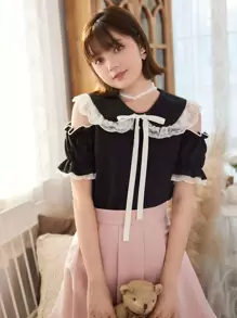 ROMWE Kawaii Contrast Lace Cut Out Bow Blouse - Black and White - View 1