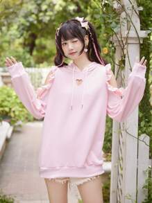 ROMWE Kawaii 素色鏤空荷葉邊抽繩連帽衫 - 粉色 - 查看 1