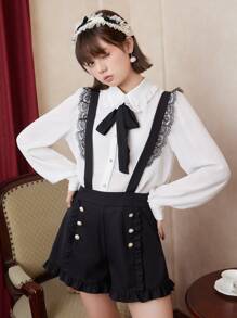 ROMWE Kawaii Shorts de talle alto ribete con fruncido con botones - Negro - Ver 1