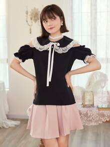 ROMWE Kawaii Contrast Lace Cut Out Bow Blouse - Black and White - View 2